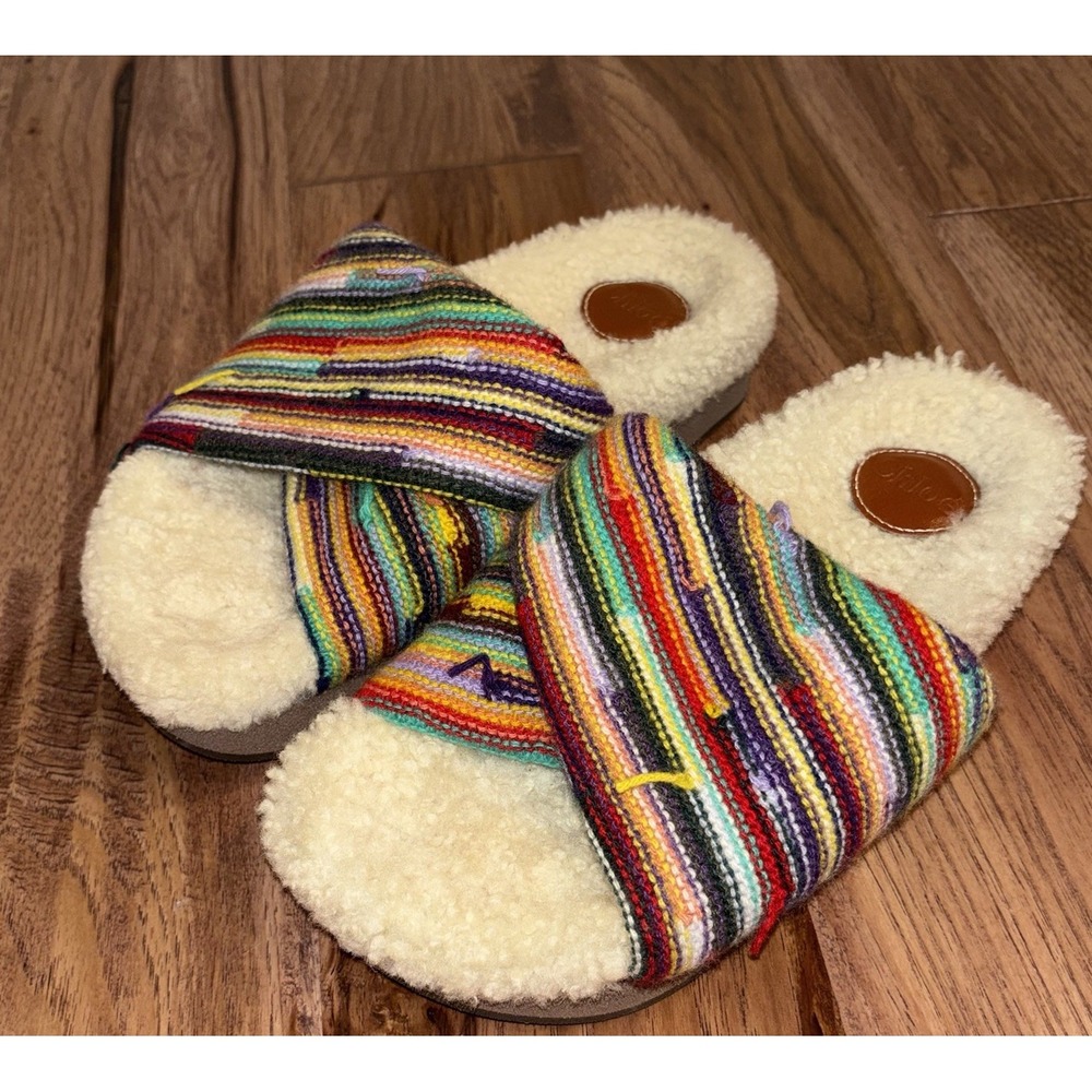 NWOB Chloé Wavy Knit Sherling Trim Slides Sandals in Multicolor Size 38 US 8
